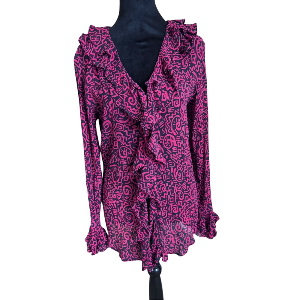 Chico's Design Silk Blouse Women 1/M/8 Red Black Ruffle Abstract Whimsigoth Top